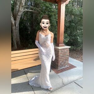 Strapless white pearl and sequins wedding, prom, formal dress with tail. Size 2.